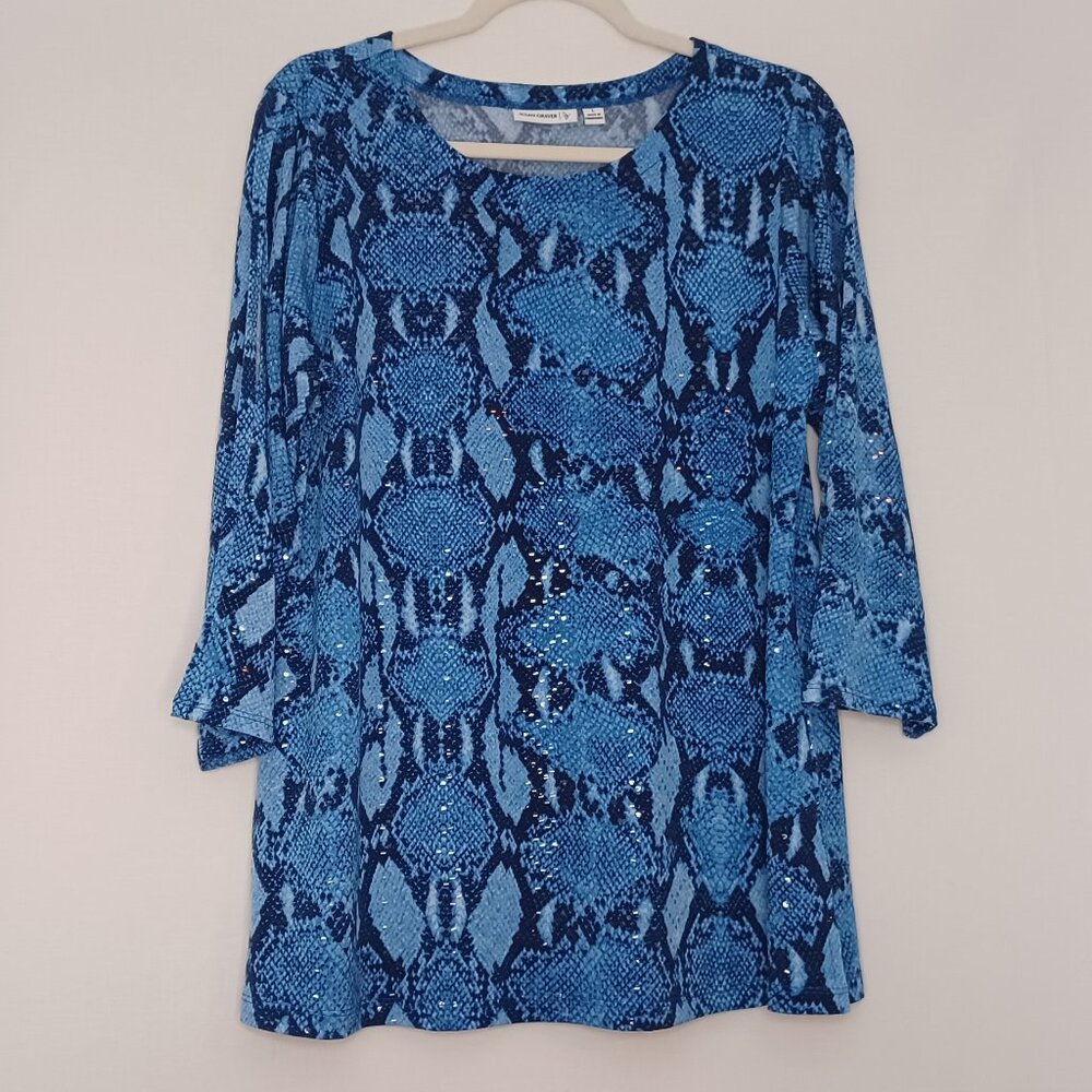 Women's Susan Graver Blue Snake Skin Sequin w/ Peek A Boo Sleeve‎ Slit's Large